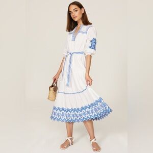 Shoshanna Leilani Dress Optic White Blue Embroidered Midi Dress size 4‎